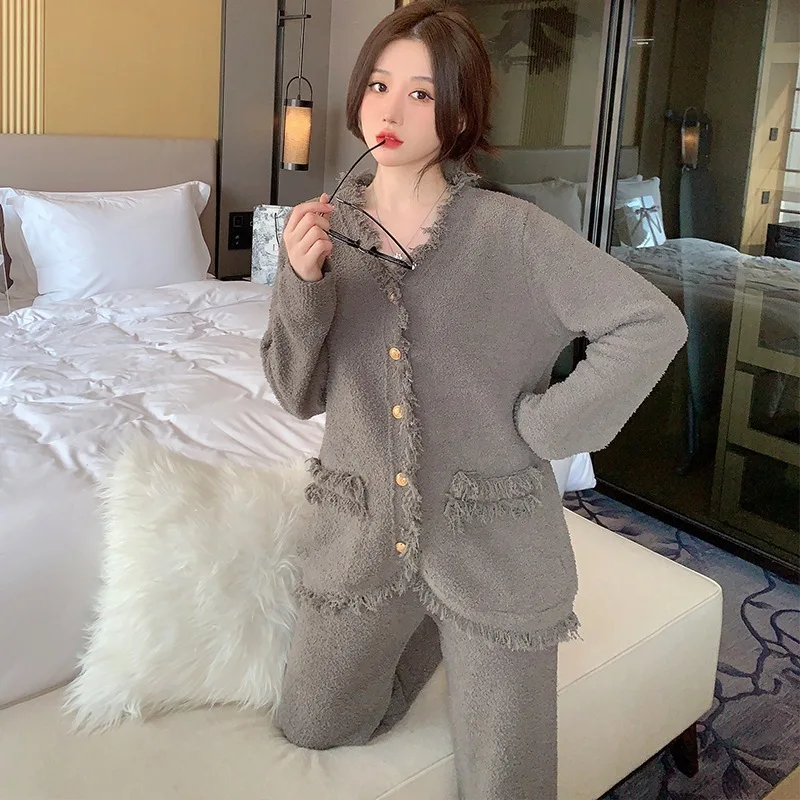 Winter Woman Pajama Warm Pyjamas Elegant High-End Feather Yarn Free Shipping Nightwear Luxury Clothes Women  2 pieces Set Pijama