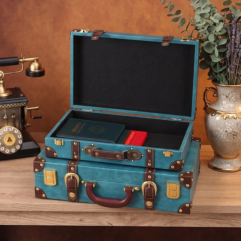 Multi Functional Leather Suitcase With Vintage Green Wooden Frame Storage Box, Showcase Display Decoration, Luggage Compartment