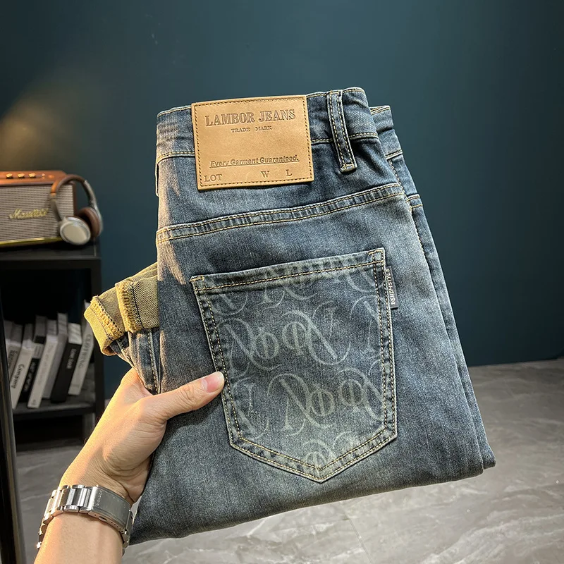 Cropped jeans men's summer2024new casual all-match fashion high-end Stretch Slim Fit Skinny printed pants