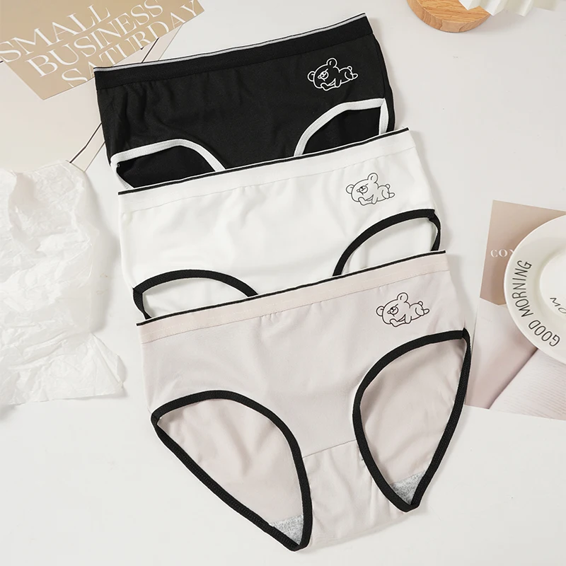 Women\'s Cotton Sexy Panties Crotch Mid Waist Seamless Underwear Solid Color Girls Comfortable Cute Bears Underpants Lingerie