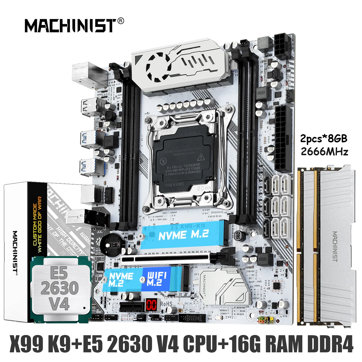 

MACHINIST K9 X99 Motherboard Set LGA 2011-3 Xeon Kit E5 2630 V4 CPU DDR4 16GB(2*8gb) 2666MHz Memory Four Channel NVME USB 3.0