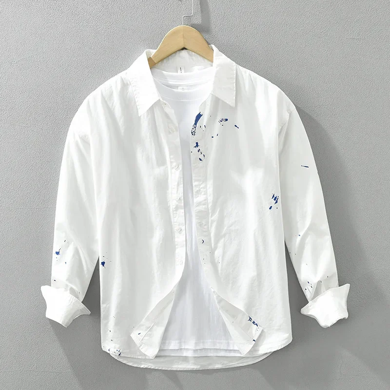 

Корейская мода Белая рубашка с длинным рукавом Мужские весенне-летние повседневные рубашки Мужской комфорт Топ из 100% хлопка Дизайнерские рубашки с всплеск чернил