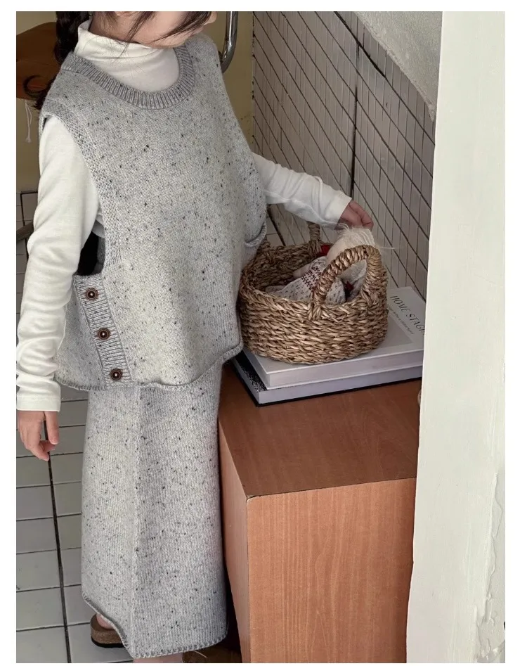 Girls Clothes Suit Spring 2024 New Style Korean Style Fashion Children Knitting College Style Vest and Skirt Two-piece Set