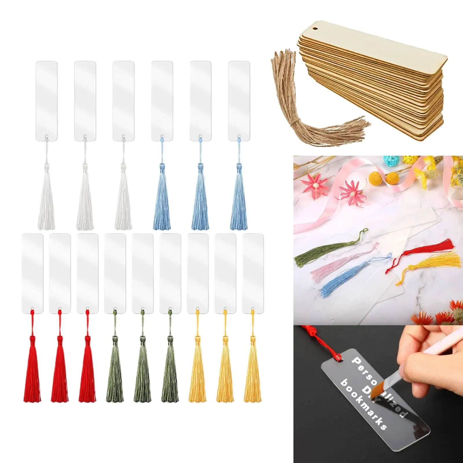 15 Pieces Acrylic Blank Bookmarks with Tassels 36 Pieces Wooden Blank Bookmarks with Hole for Kids Aduits DIY Tags