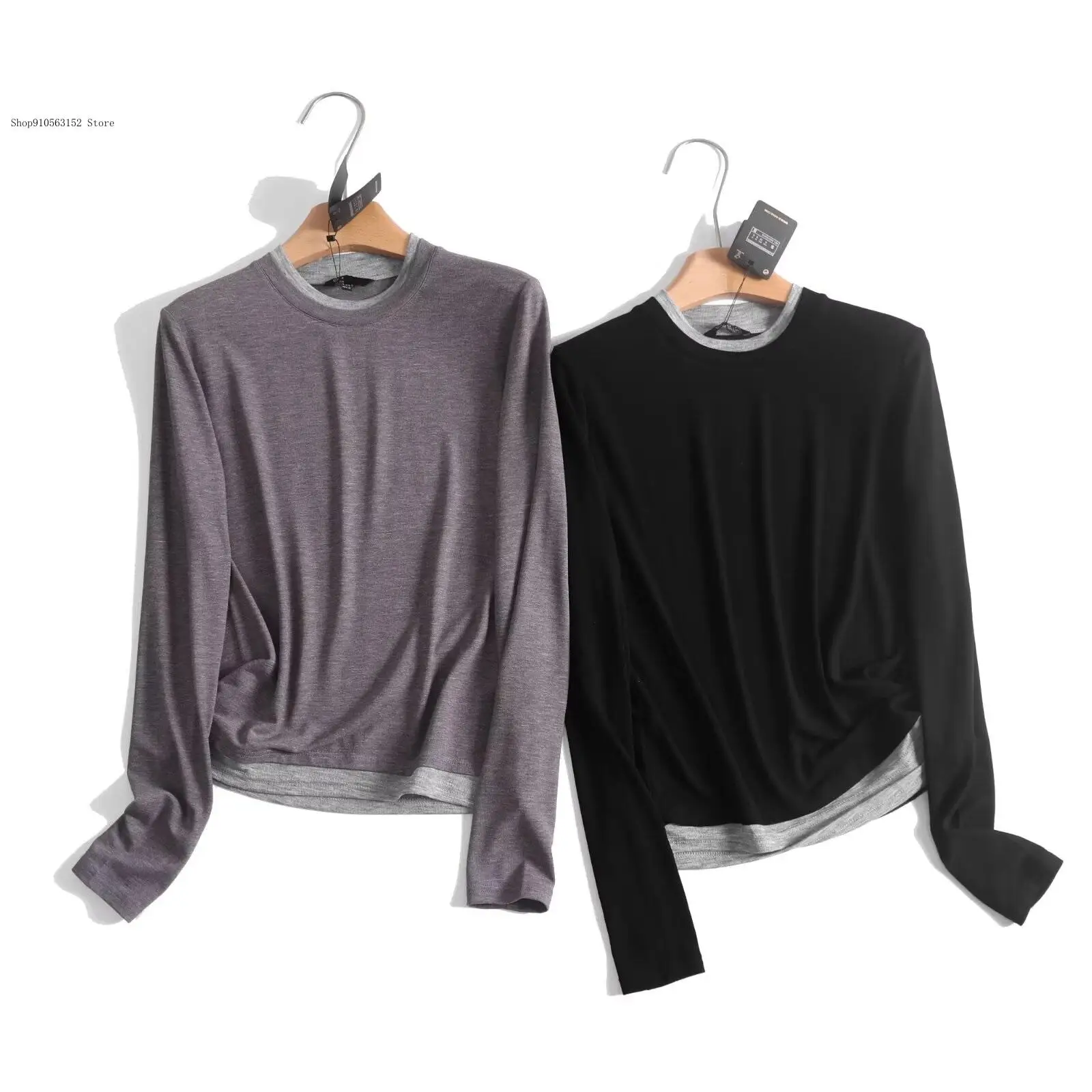 Spring and Autumn Lightweight Stacked Wear Fake Two Piece Round Neck Knitted Inner Simple Long Sleeve T-Shirt Bottom Shirt Women