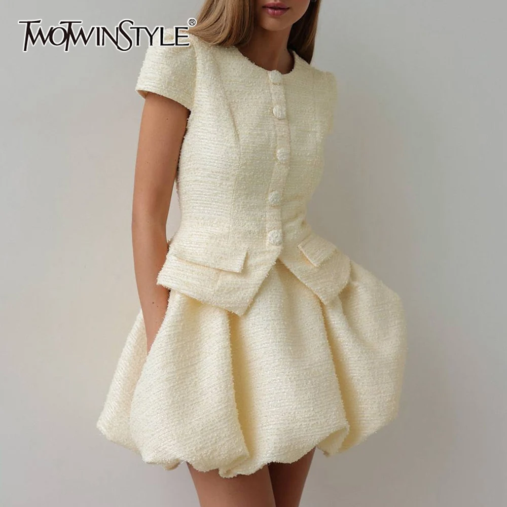 

TWOTWINSTYLE Luxurious Two Piece Set for Women O Neck Short Sleeve Slimming Top High Waist Puff Skirt Party Suits Female Style