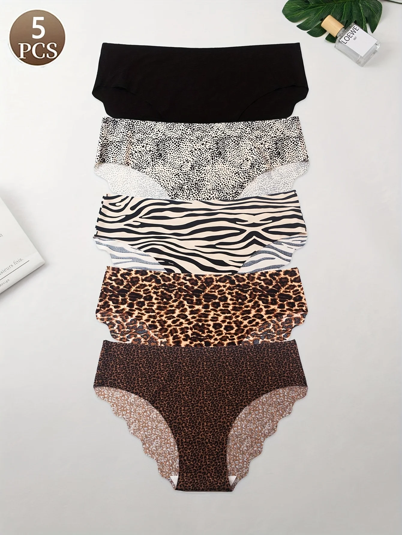 5PCS Leopard print casual simple and comfortable minimalist sports regular casual Mid waist leopard print ice silk wrapped butto