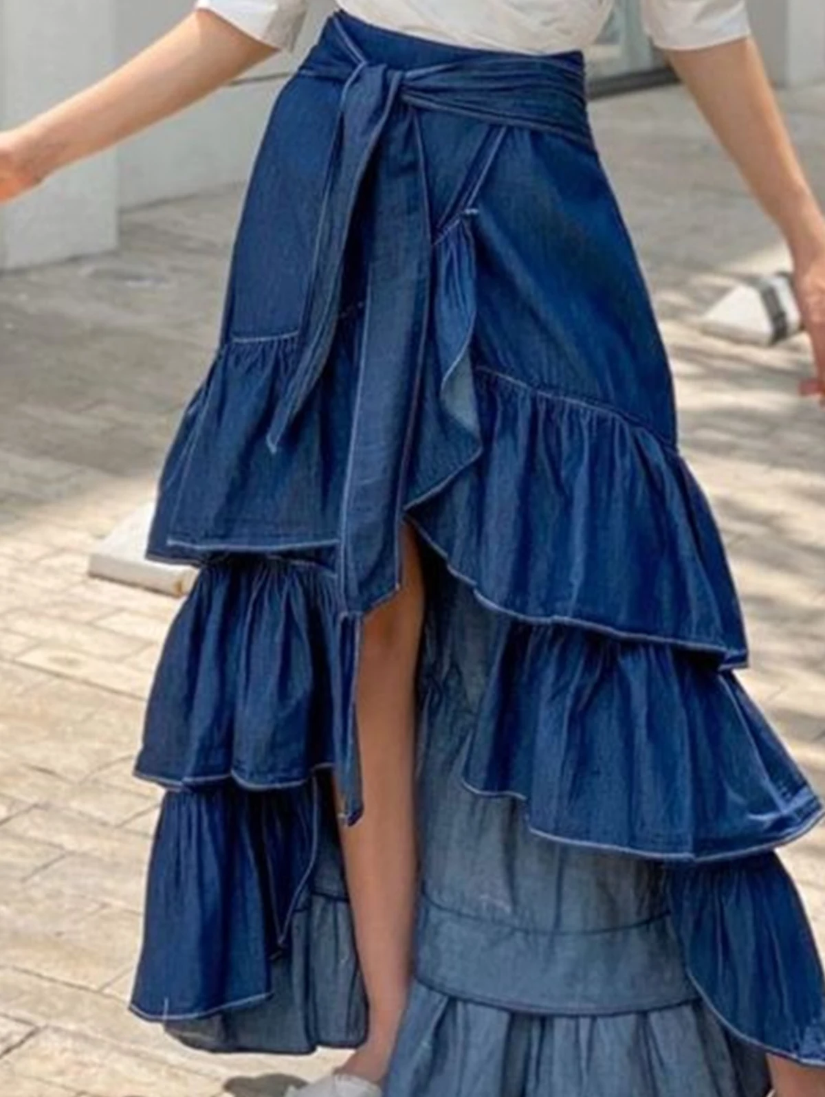 Women Denim Skirt High Waist with Belt Asymmetric Hem Plain Knot Waist Flounce Layered Hem Plus Size Vintage Casual Long Skirt