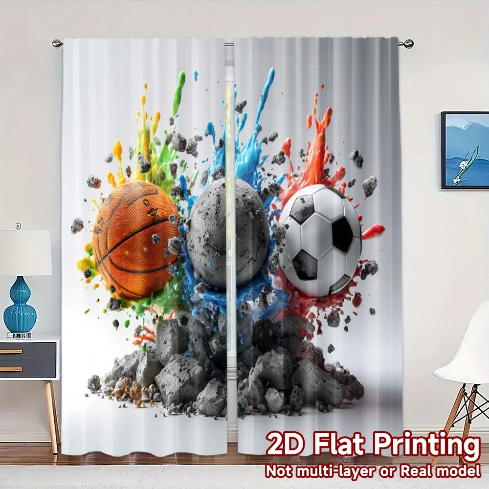 2pcs, 2D FLAT PRINTING Curtains (Without Rod) Ball Explosion Pattern Popular Curtains Versatile 100% Polyester Curtains Festive