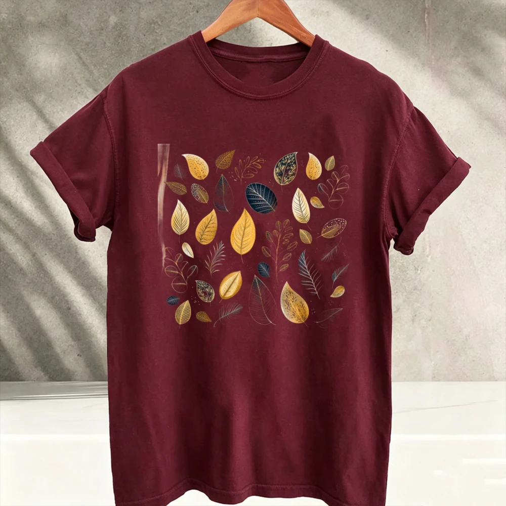Fallen Autumn Leaves Graphic Printed T-Shirt Nature Aesthetic Forest Woodland Botanical Plants Short Sleeve Tees for Men Women
