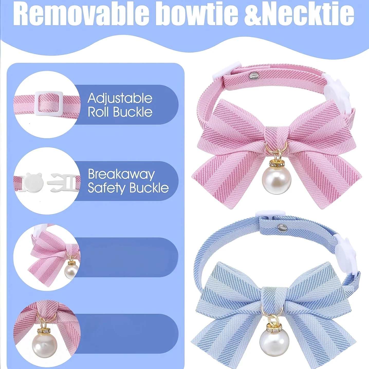 1 Stück Abreißbares Katzenhalsband mit Schleife, Perlenverzierung, Rosa-Blaues Schleifenhalsband für Katzen und kleine Hunde, Sicherheits-Halsaccessoire für Haustiere – Detail 8