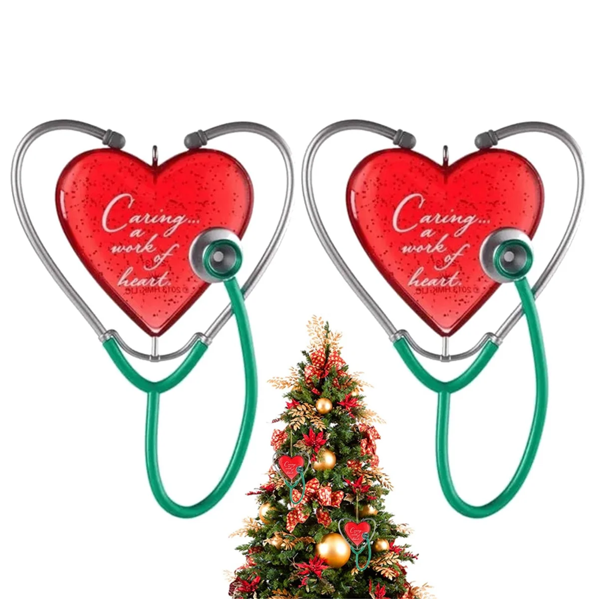 2PCS Christmas Heart Stethoscope Decoration, 2024 Stethoscope Caring Heart Work Pendant, Heart Health Wishes Pendant