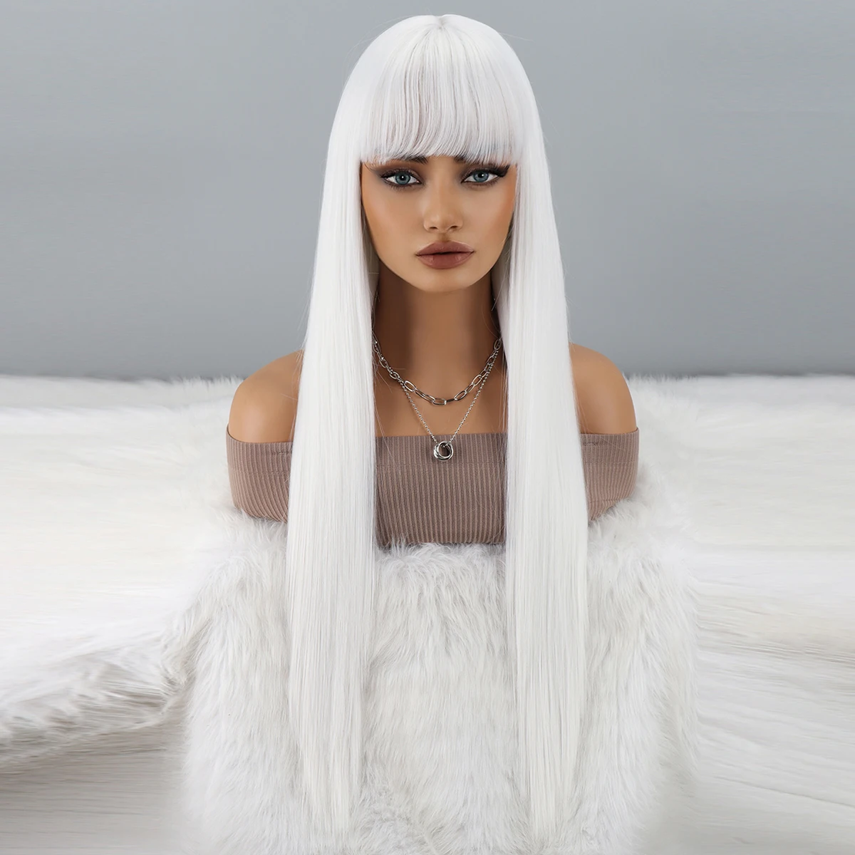 Long White Wig with Bangs Straight White Wigs for Women Cosplay Long Synthetic White Wig Natural Looking for Daily Wear