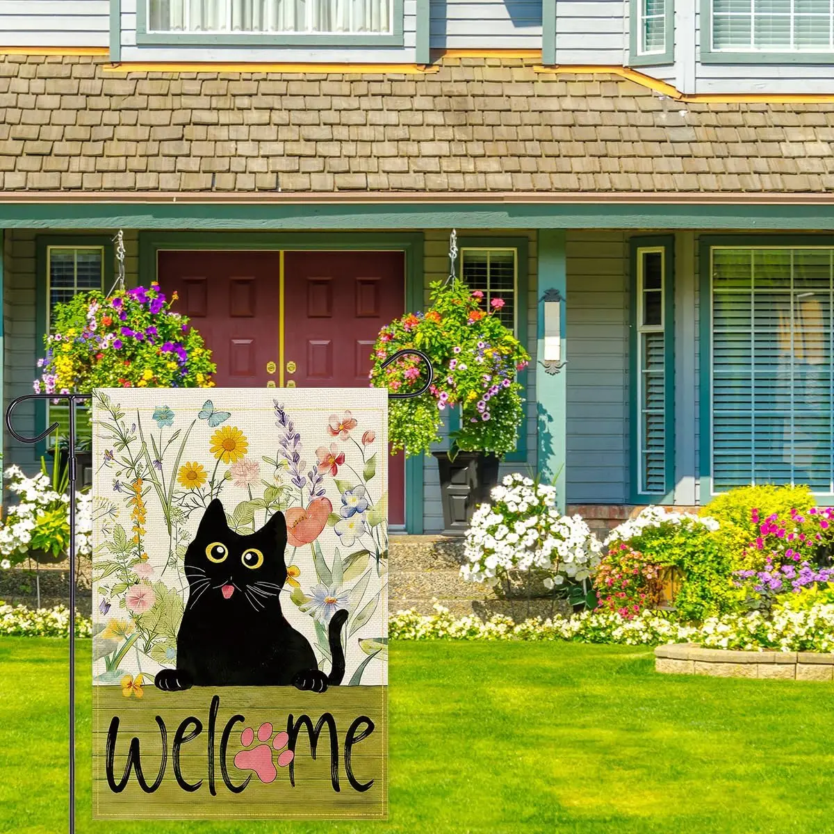 Balgardekor Welcome Spring Black Cat Garden Flag American Shorthair Cat Vertical Outside Yard Flag Farmhouse Burlap Welcome  PPM