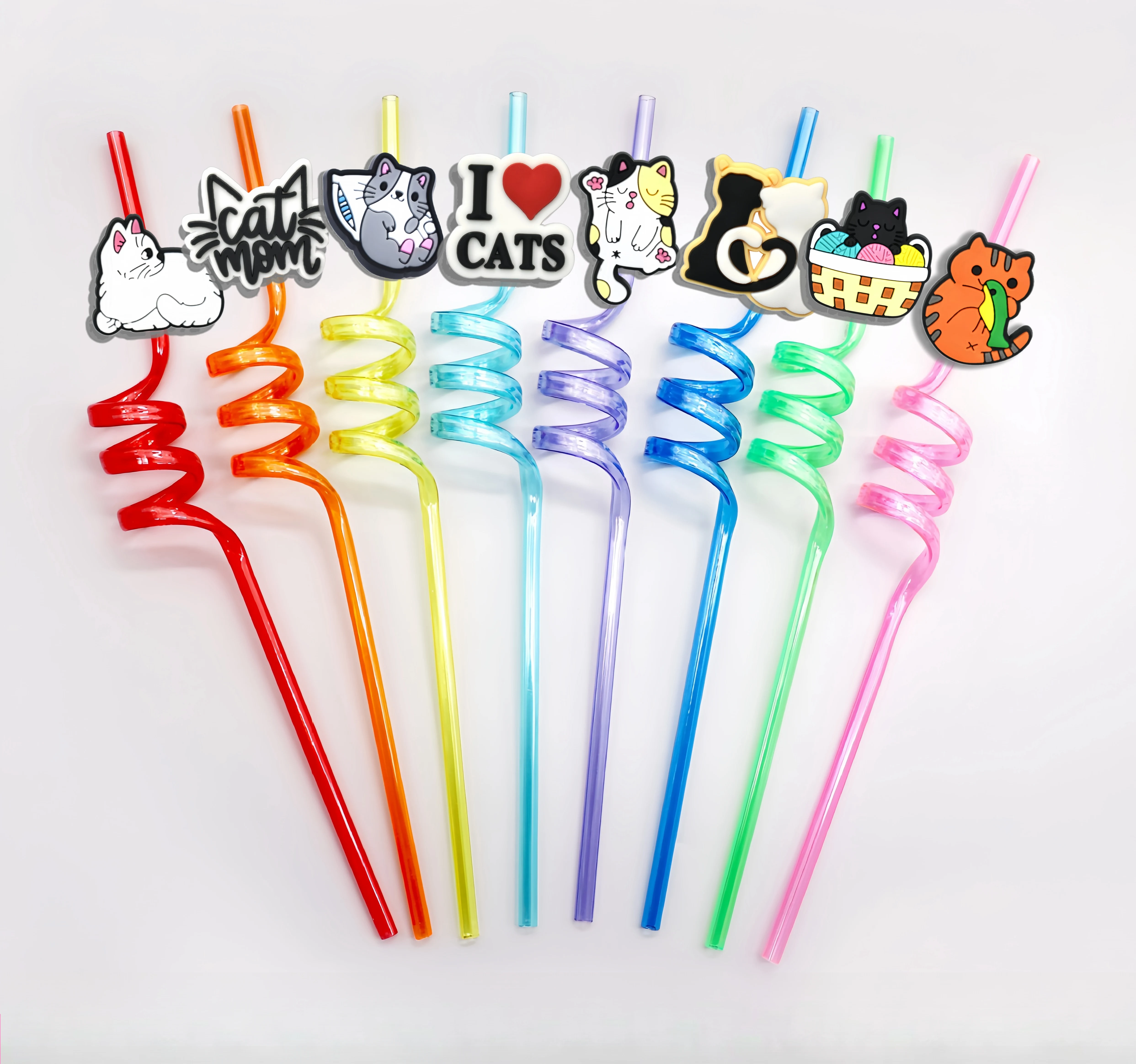 8pcs Kitten Accessories Straws Colorful Reusable Kitten Accessories Spiral Plastic Straws, Funny Straws for Birthday Party Weddi