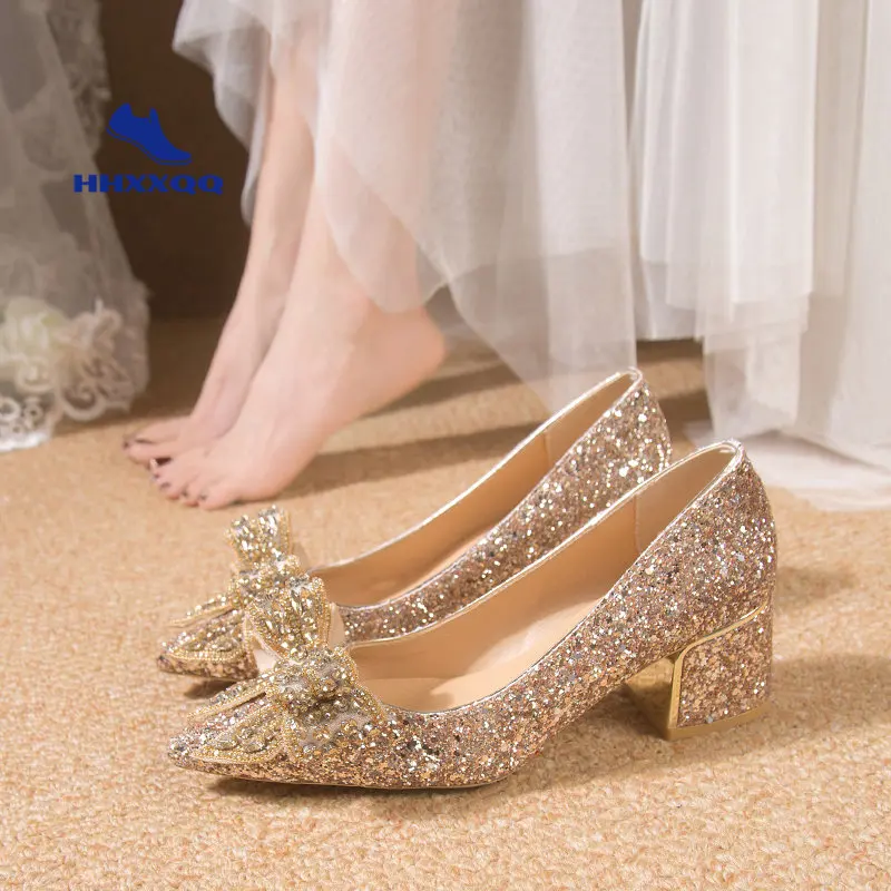 Wedding Shoes for Women 2024 Brand Fashion Women's High Heels Summer Pointed Toe New Crystal Butterfly-knot Bride Shoes