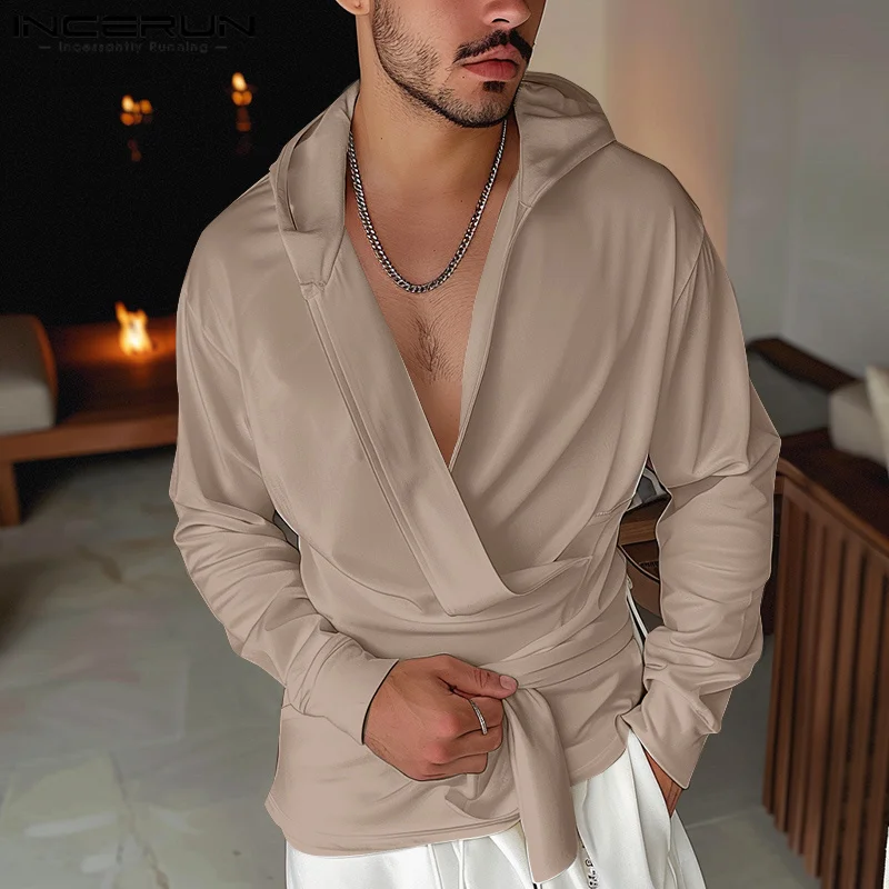 

INCERUN Men 2024 Year Autumn New Long Sleeve Solid Color V Neck Tops Bandage Belted Hooded Casual Loose Shirts Blouse Streetwear