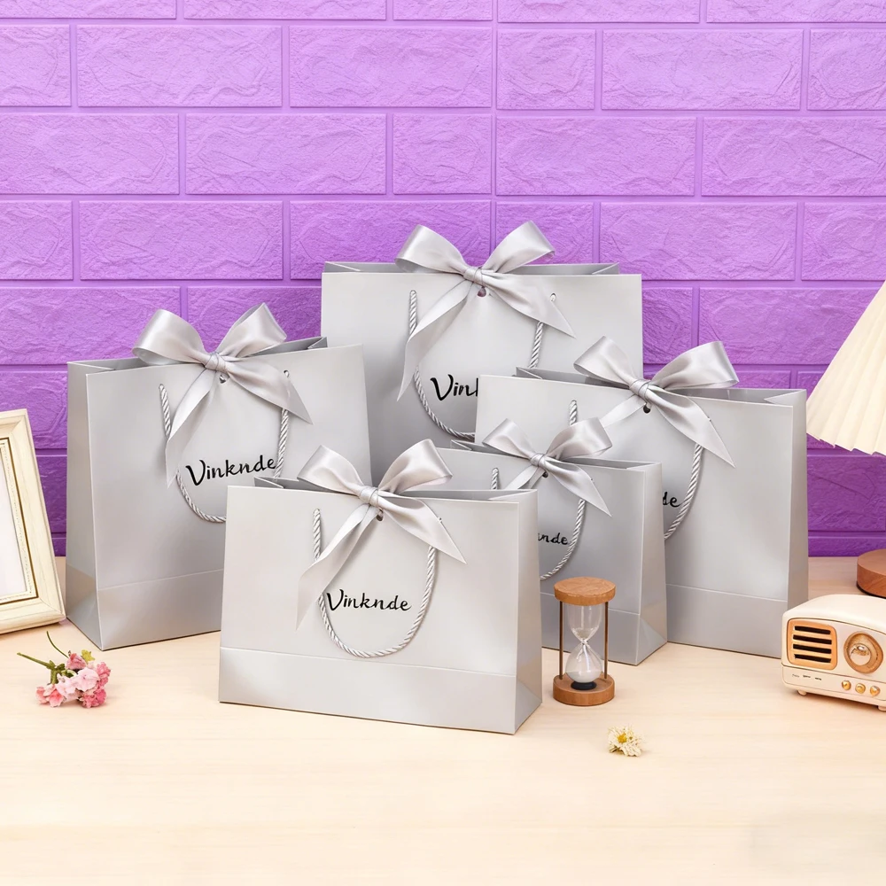 

24Pack Silver Gray Paper Gift Bag with Handles Bow Ribbon 28x20x10cm Thank You Favor Bag for Christmas Thanksgiving Wedding Box