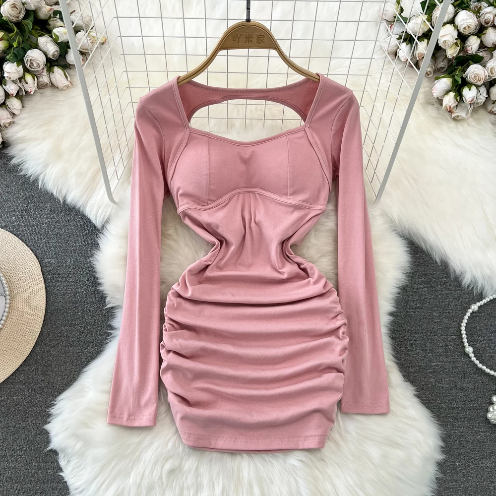 

Spring and Autumn Sexy Design Long Sleeved Square Neck with Chest Pads Open Back Waist Wrap Hip Bottom Dress
