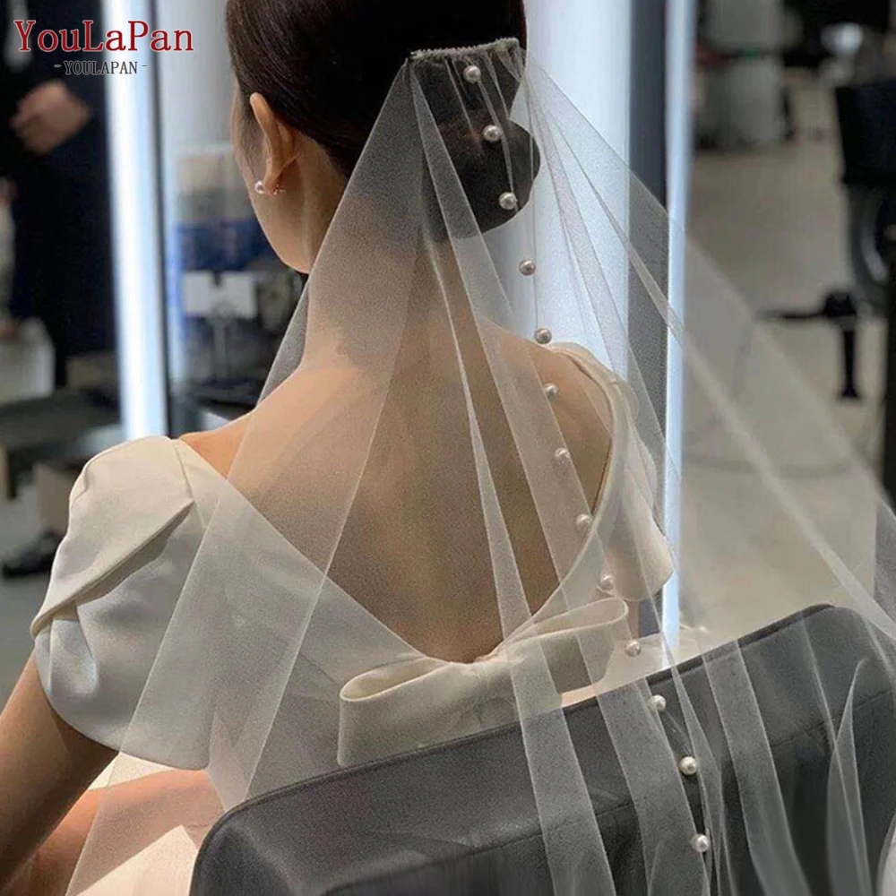 

YouLaPan V64 Elegant Wedding Veil with Blusher 2 Layer Pearls Bridal Veils Soft Tulle Bridal Shower Accessories Boho Wedding Veu