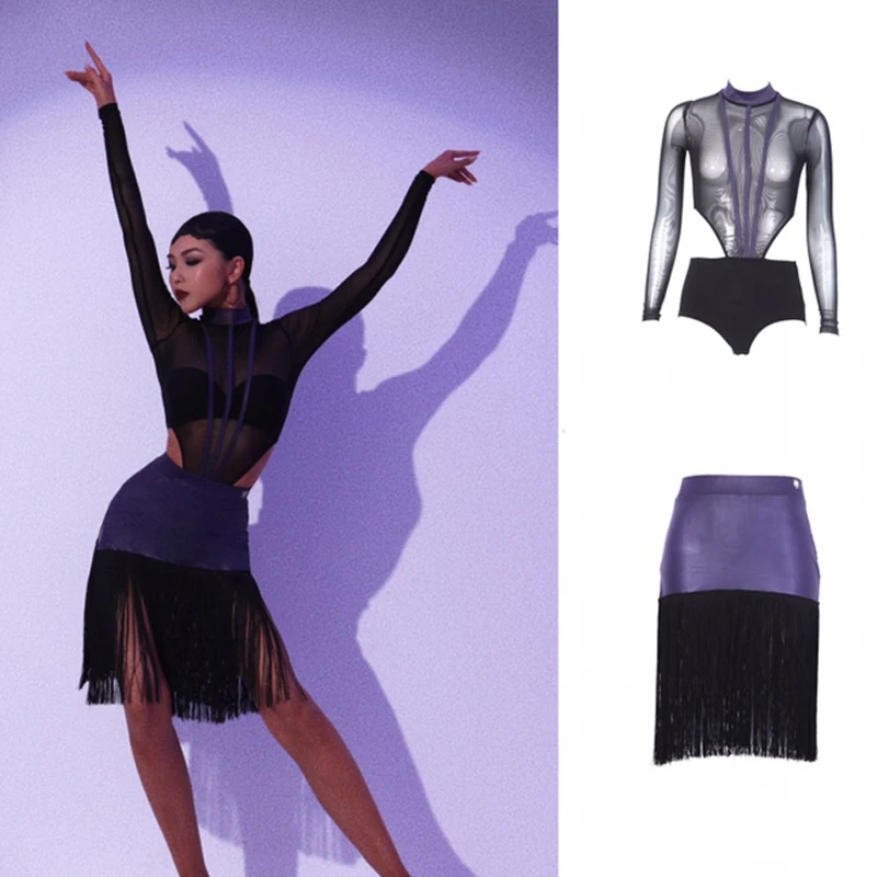 2023 Latin Dance Dress For Women High Neck Mesh Top Tassel Skirt Suit Chacha Rumba Tango Latin Dance Performance Wear DQS14291