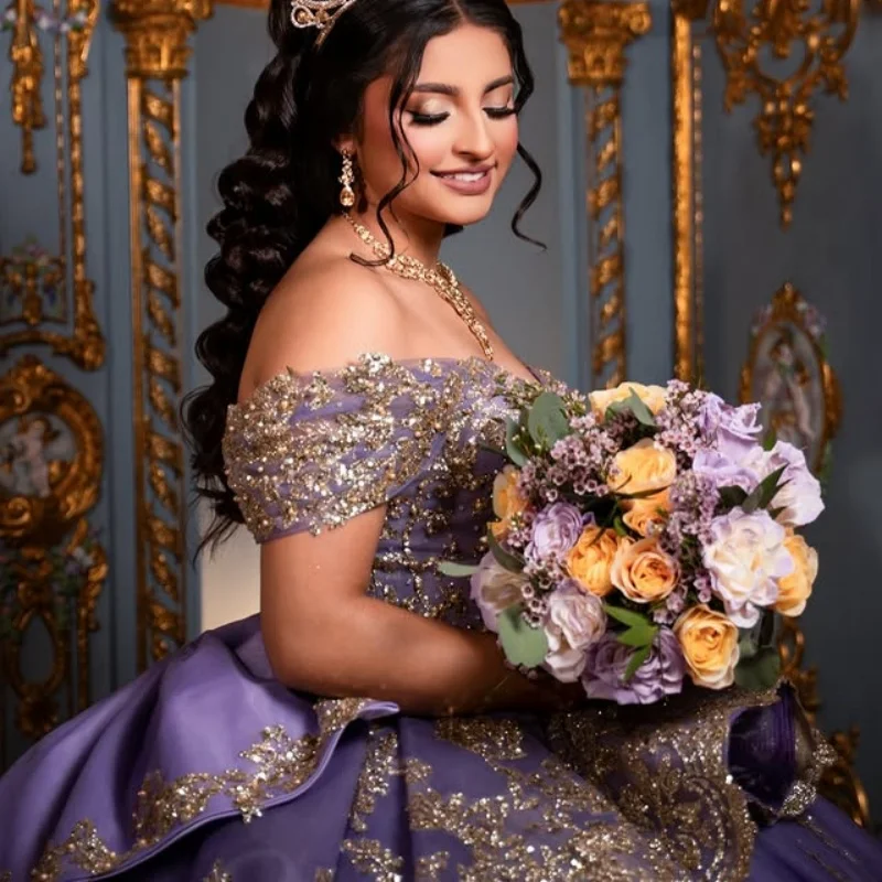 

Purple Quinceanera Dress off-shoulder crystal Golden sequin beadwork decal Long tail Bow vestidos de 15 Quinceanera ﻿Customize