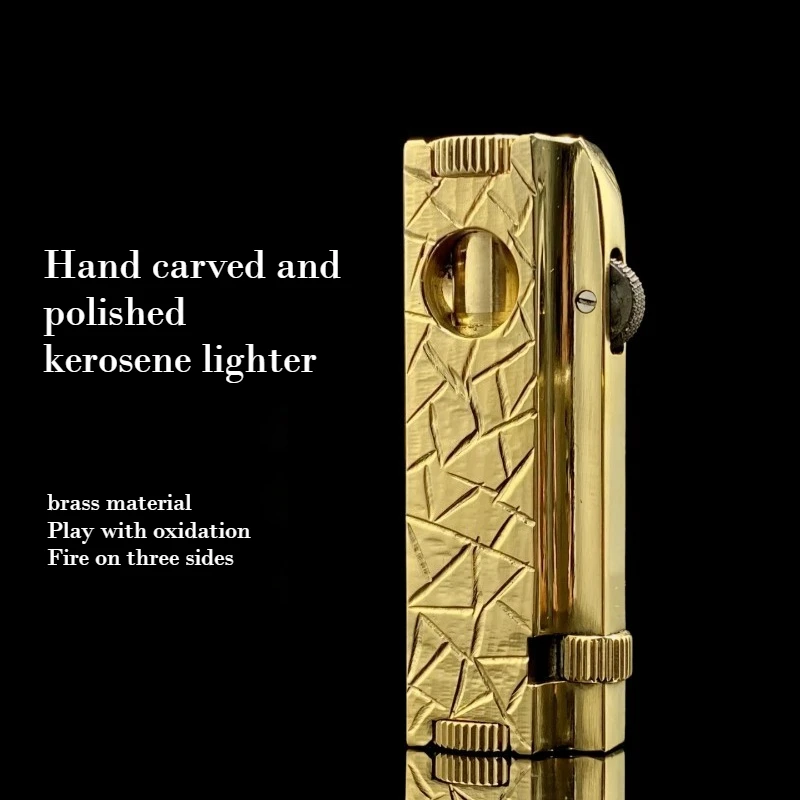 Pulling out brass kerosine lighter, metal hand carved double hole fire out side sliding grinding wheel cigarette lighter tool