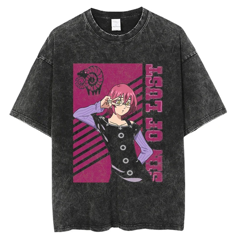 Anime The Seven Deadly Sins Ban Meliodas Escanor Print T Shirt Unisex Vintage Washed Tshirts Harajuku Oversized Cotton T-shirt