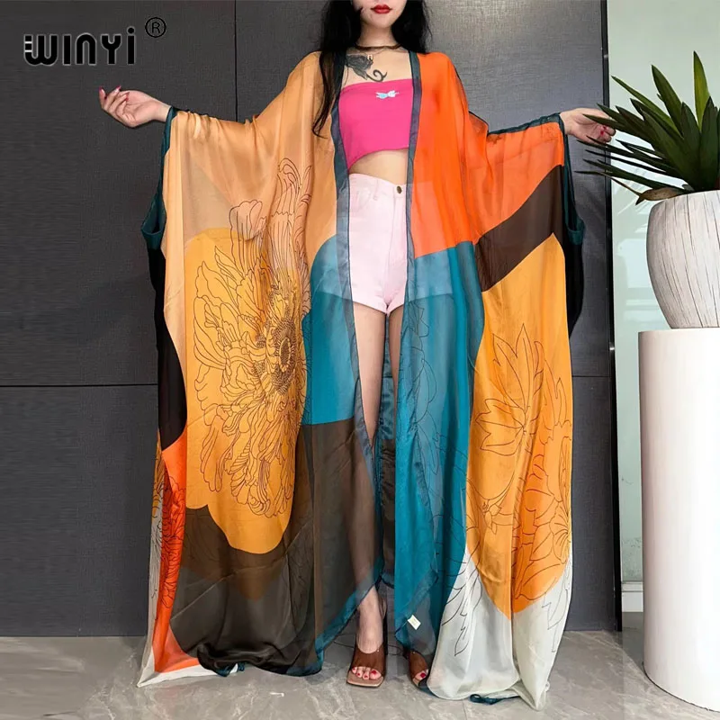 WINYI-capas impressas boêmias do biquíni, vestido elegante, cardigã novo do partido, perspectiva, magro, solto, feriado, luva do batwing, KIMONO