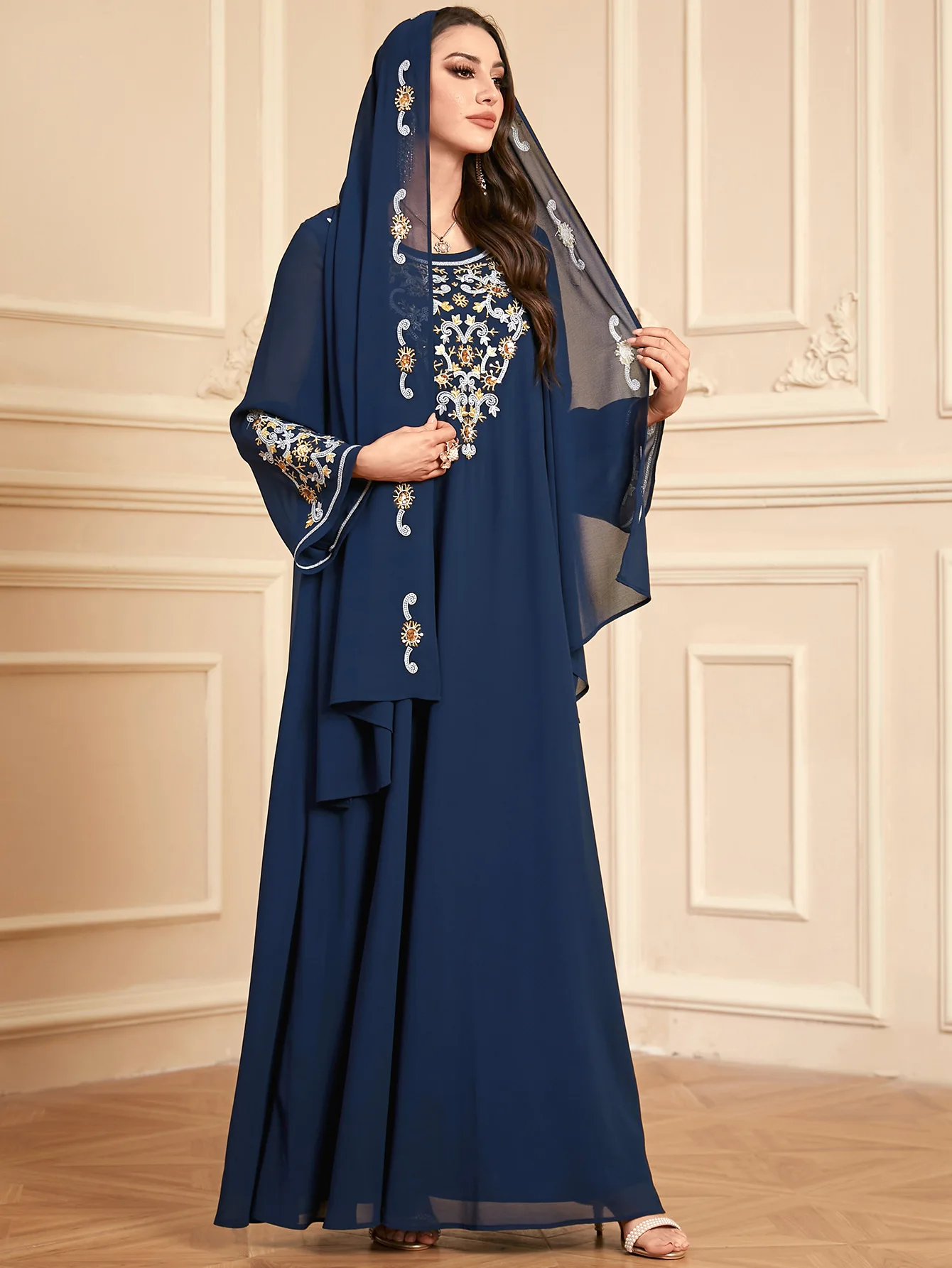 

Ramadan Muslim Dress with Hijab Women Dubai Abaya Robe Embroidery Jalabiya Caftan Marocain Femme Djellaba Gown Kaftan Vestidos