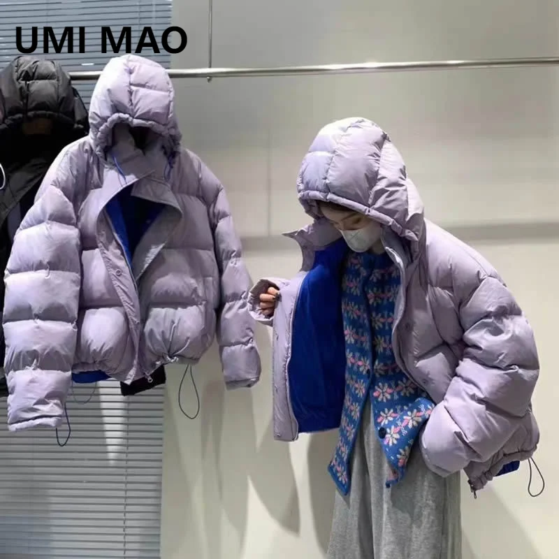 

UMI MAO Short Down Jacket For Women Small Stature Contrasting Color Design Hooded Thickened 90 White Duck Down Coat Femme