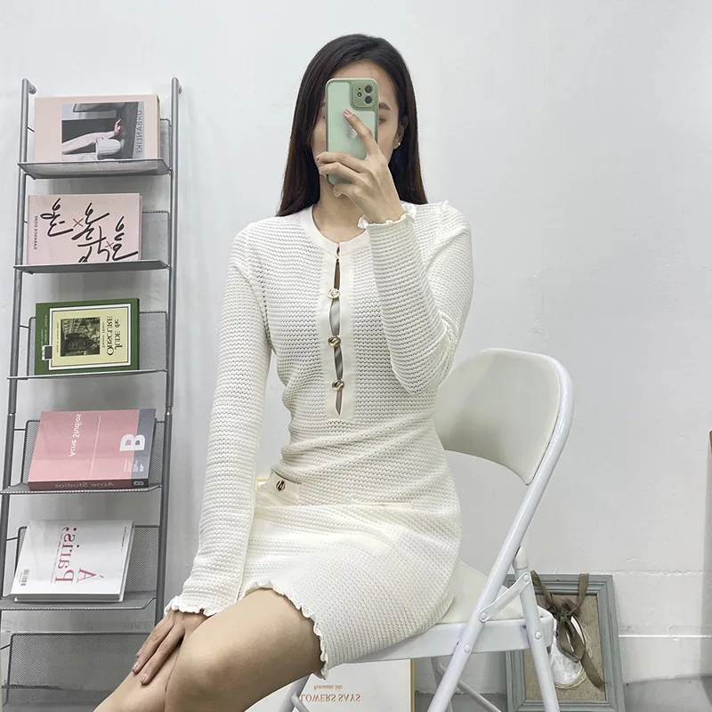 Dophee 2024 New Spring Summer Elegant Ivory Lady Knitted Dress Long Sleeve Hollow Out Metal Button Short A-line Knitting Dress