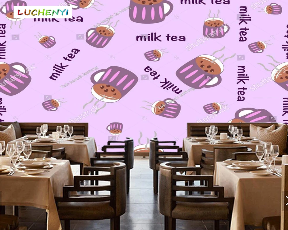 Papel de parede custom cute purple bubble tea 3d wallpaper,mural restaurant juice shop kitchen dining room wall papers sticker