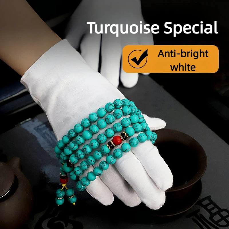 Premium White Cotton Gloves for Turquoise Polishing, Extra Thick & Breathable, Sweat-Absorbing, Non-Lint Stone Care