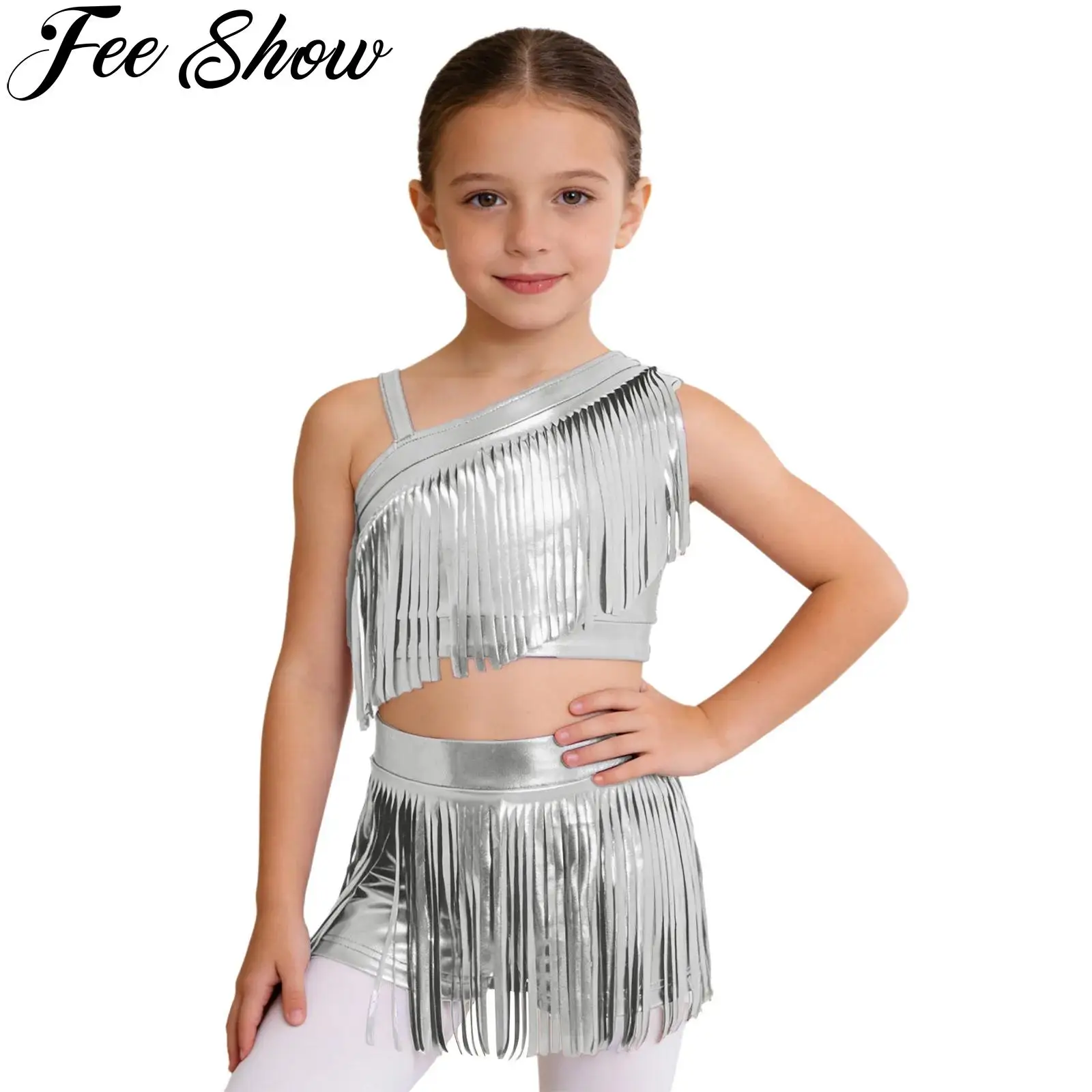 Kids Girls Metallic Shiny Disco Jazz Dance Outfit Sleeveless Tassels Crop Top with Shorts for Modern Dancewear Stage Performance