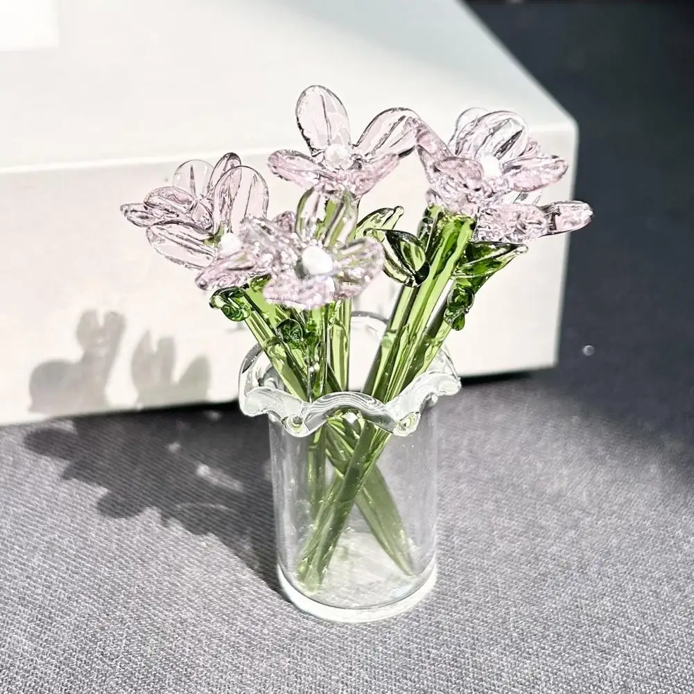 Glass Flower Decor Hand-blown Glass Flower Bouquet with Vase Mini Floral Decoration for Home Room Handmade Simulation Ornament