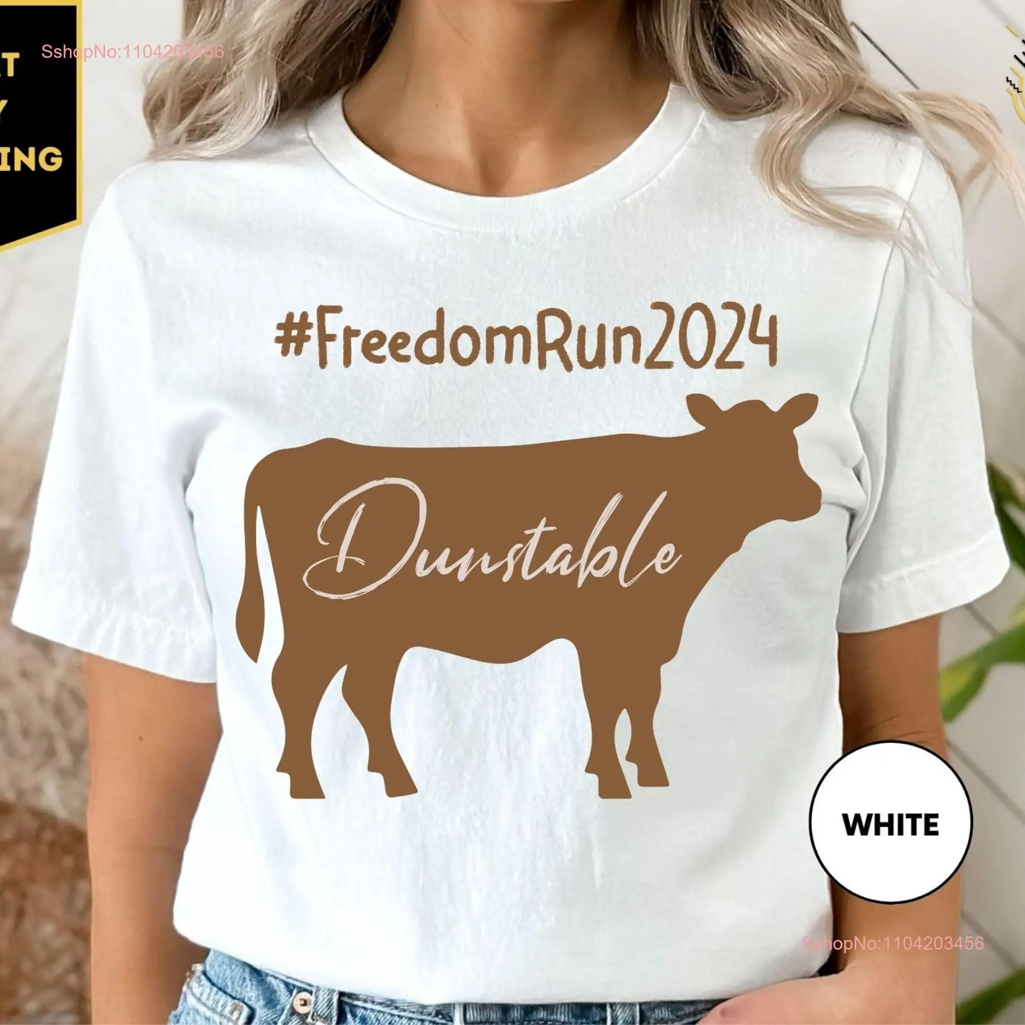 Dunstable Cow Freedom Run 2024 T Shirt Cows on the Massachusetts Brown Farm Life Only in long or short sleeves