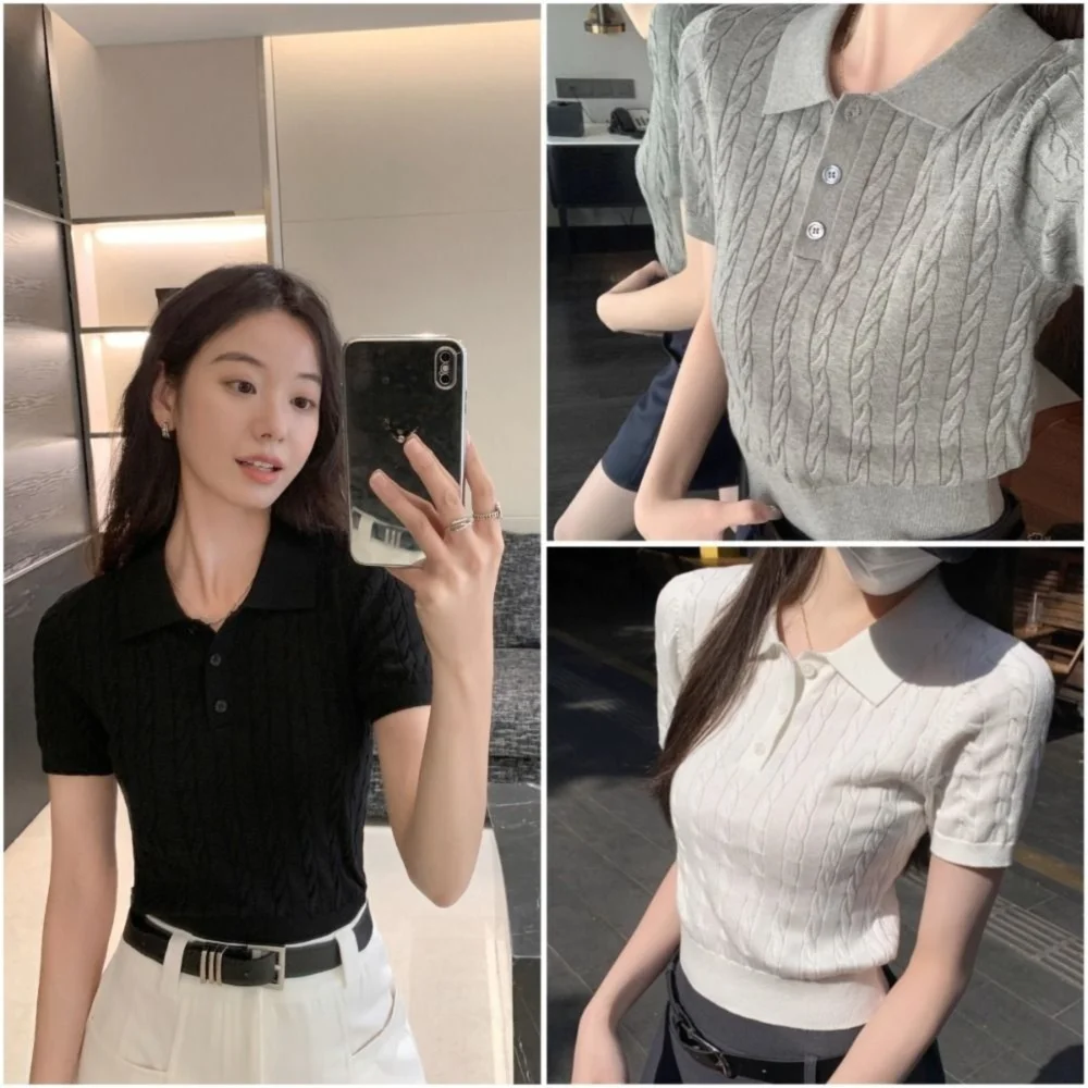 

Fashion Cotton Fabric Knitted T-shirt Slim Fit Knitted Short-sleeved Top Thin Shoulder Women Top Summer