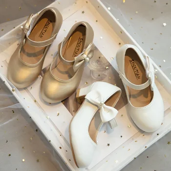 Zapatos de baile para niños, tacones altos, zapatos de princesa para niñas con lazo Simple, zapatos de cuero para fiesta y boda, novedad de 2024