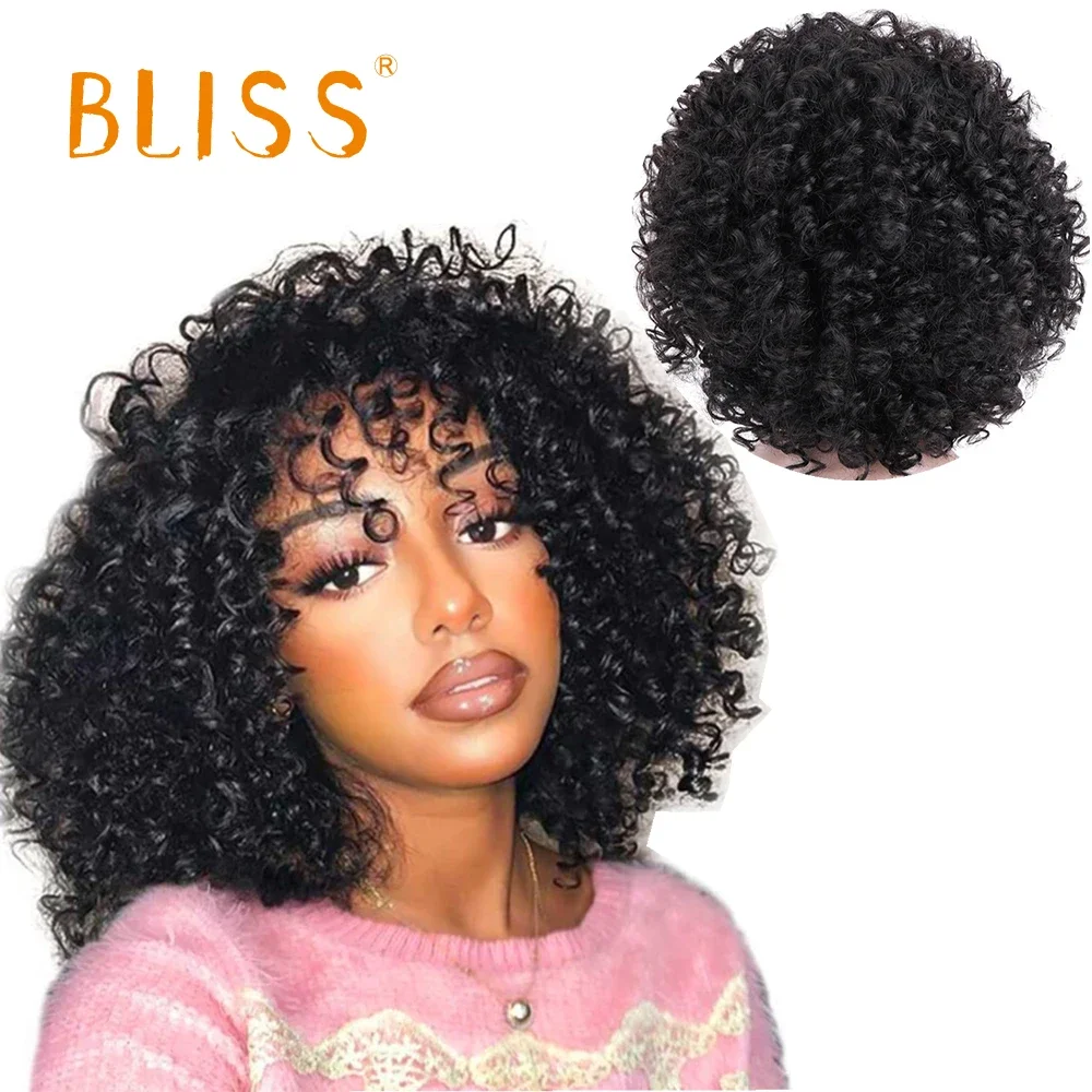 

14inch Bouncy Curly Wig Natural Color Pixie Cut Bob Wigs with Bangs Human Hair Wigs for Black Women Short Curl Wig 150% Density