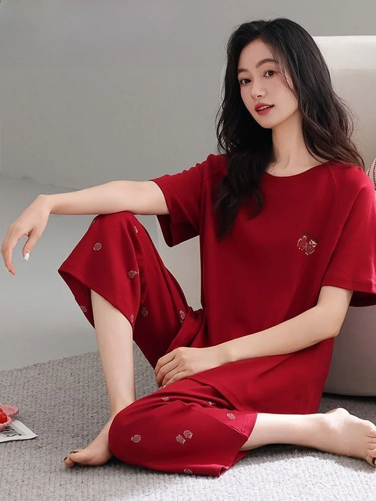 fenteng-care-レディース-夏用パジャマ-コットン-半袖-胸パッド付き-7フィートパンツ-ルーズフィット-ホームウェア-レッド