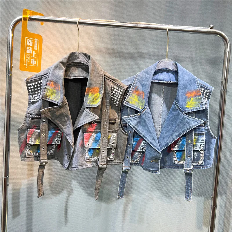 

Hand-painted Graffiti Printing Heavy Work Rivet Short Denim Vest Blue Grey Women Casual Suit Collar Sleeveless Cowboy Waistcoat