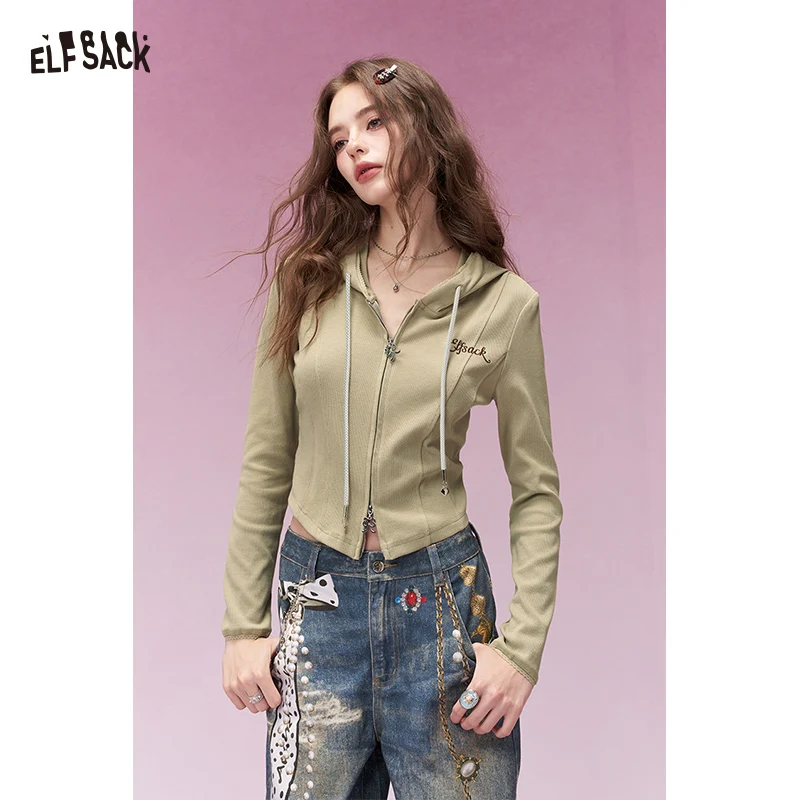 

ELFSACK American Vintage Hooded Drawstring Fitted Cropped Knit Cardigan For Women