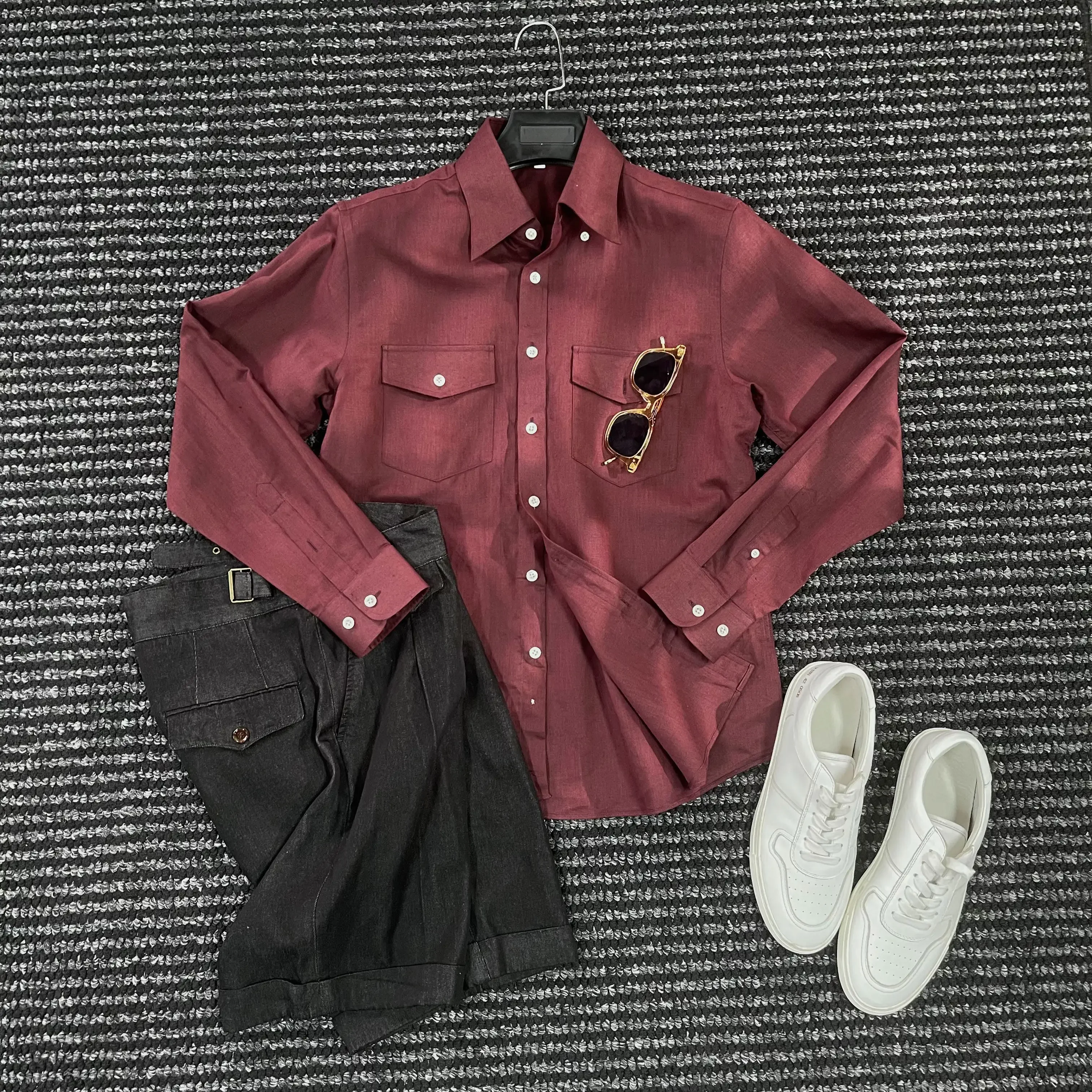 Double Pocket Button Neck Long Sleeve Shirt Men's Gentleman's Old Money Shirt