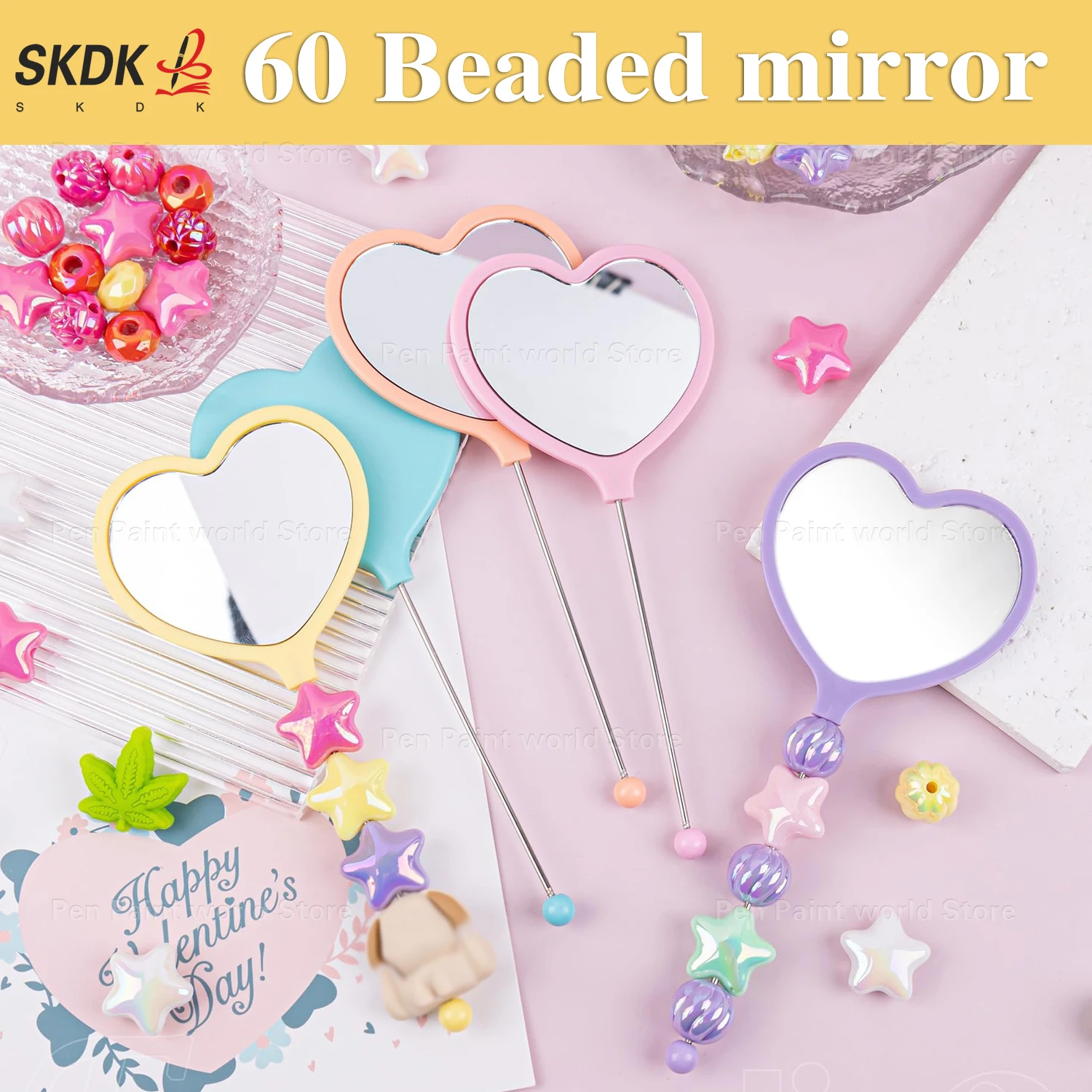 60Pcs Creative DIY Beaded Bookmark Mirror – Heart Design Portable Bookmark with Beaded Handle for Reading and Beauty Touch‑Ups