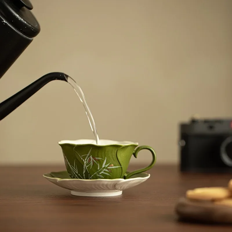 150ML Jingdezhen Hand-painted Matcha Bamboo Shadow Gold TeaCup Coffee Cup with Bottom Support Set Exquisite Afternoon Tea TeaCup