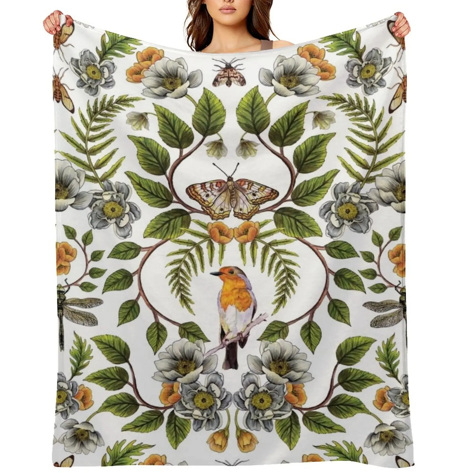 

Spring Reflection - Floral/Botanical Pattern w/ Birds, Moths, Dragonflies & Flowers Throw Blanket Picnic Blankets