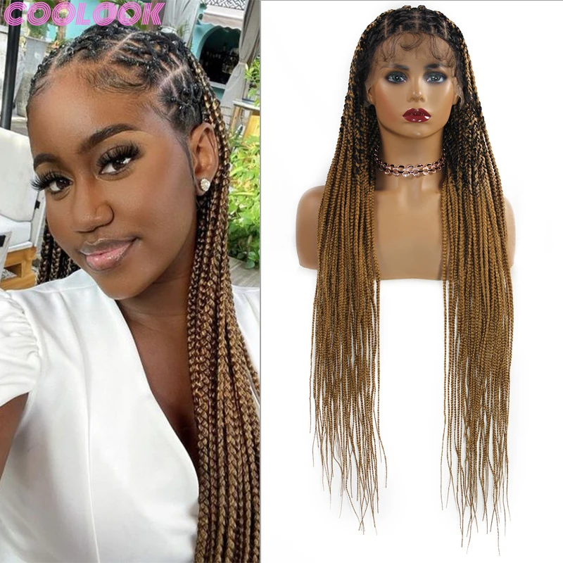 

Synthetic Full Lace Box Braided Wigs 36'' Super Long Criss Cross Braids Wig for Black Women Ombre Blonde Lace Frontal Braid Wigs