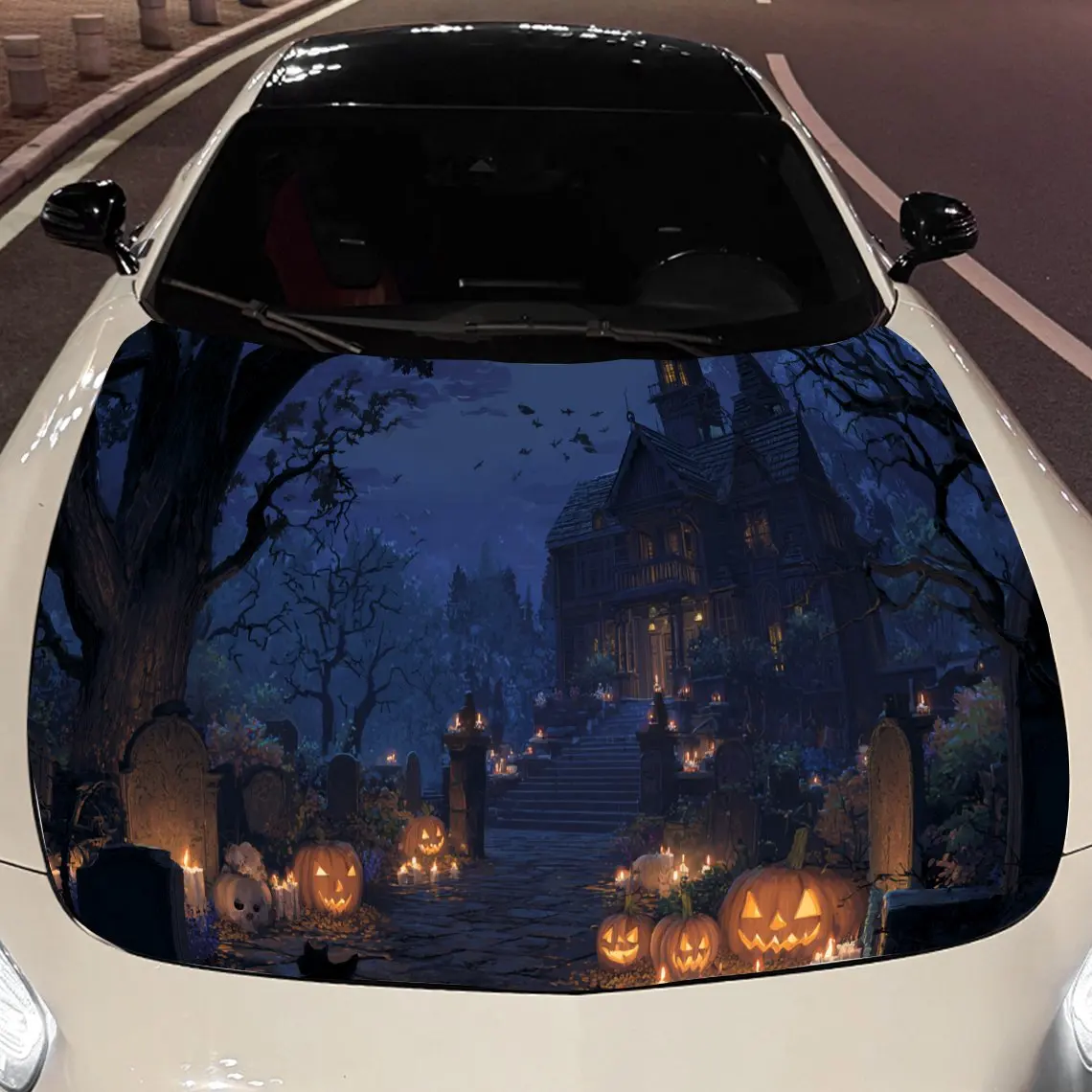 

Жуткий дом с привидениями и тыква на Хэллоуин, наклейка на капот двигателя автомобиля, виниловые обертки для автомобиля, водонепроницаемая самоклеящаяся наклейка на автомобиль, ду