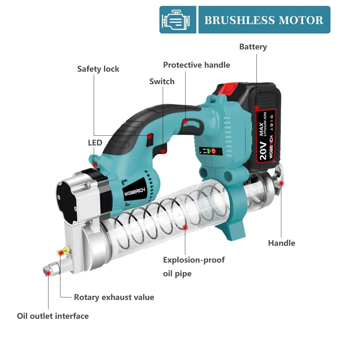 WOBERICH Cordless Professional Electric Grease Gun Kit Oil Injector Fat Machine 10000 PSI Power Tools For Makita 18v Battery